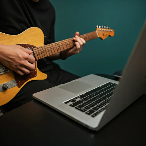 Iemand speelt elektrische gitaar naast een laptop